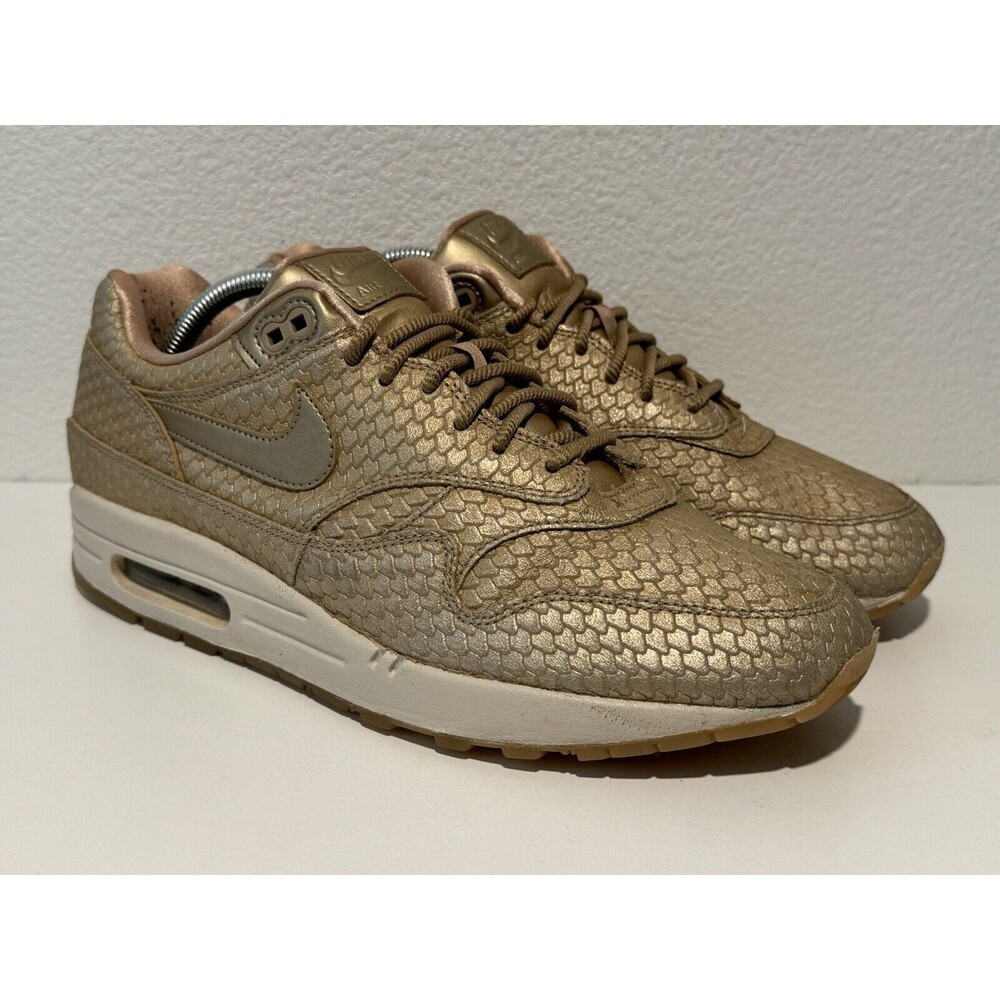 Nike Air Max 1 Womens Running Shoes Sz 12 Premium Gold Fish Sneakers 454746-900 - Picture 7 of 16